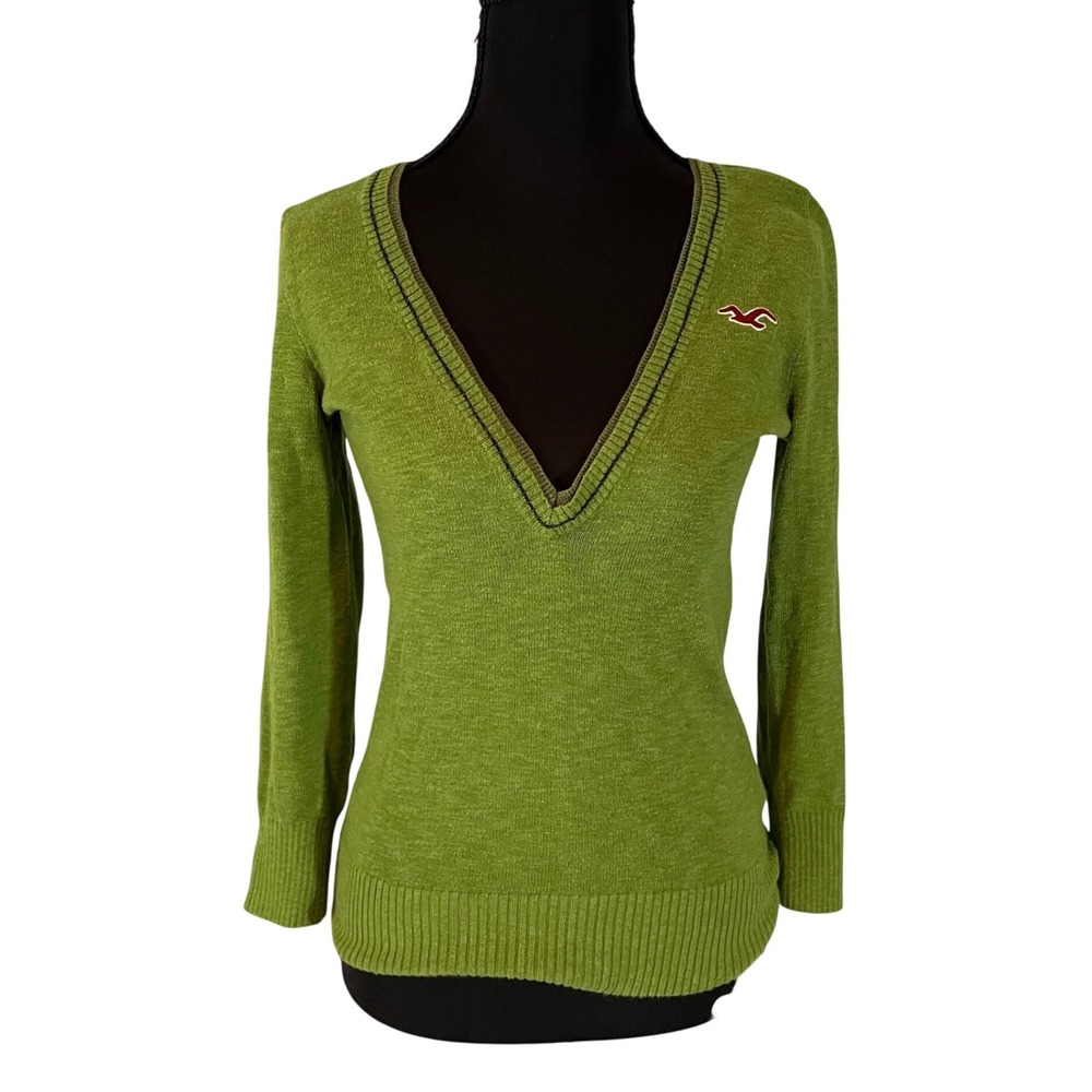 Hollister Womens Lime Green Deep V-Neck Cotton Knit Sweater Sz S Y2K Logo Preppy